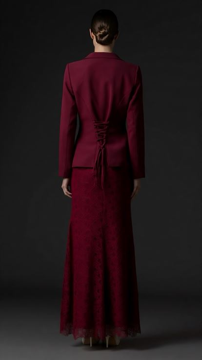 Bordo Broş Düğmeli Ceketli Abiye Elbise